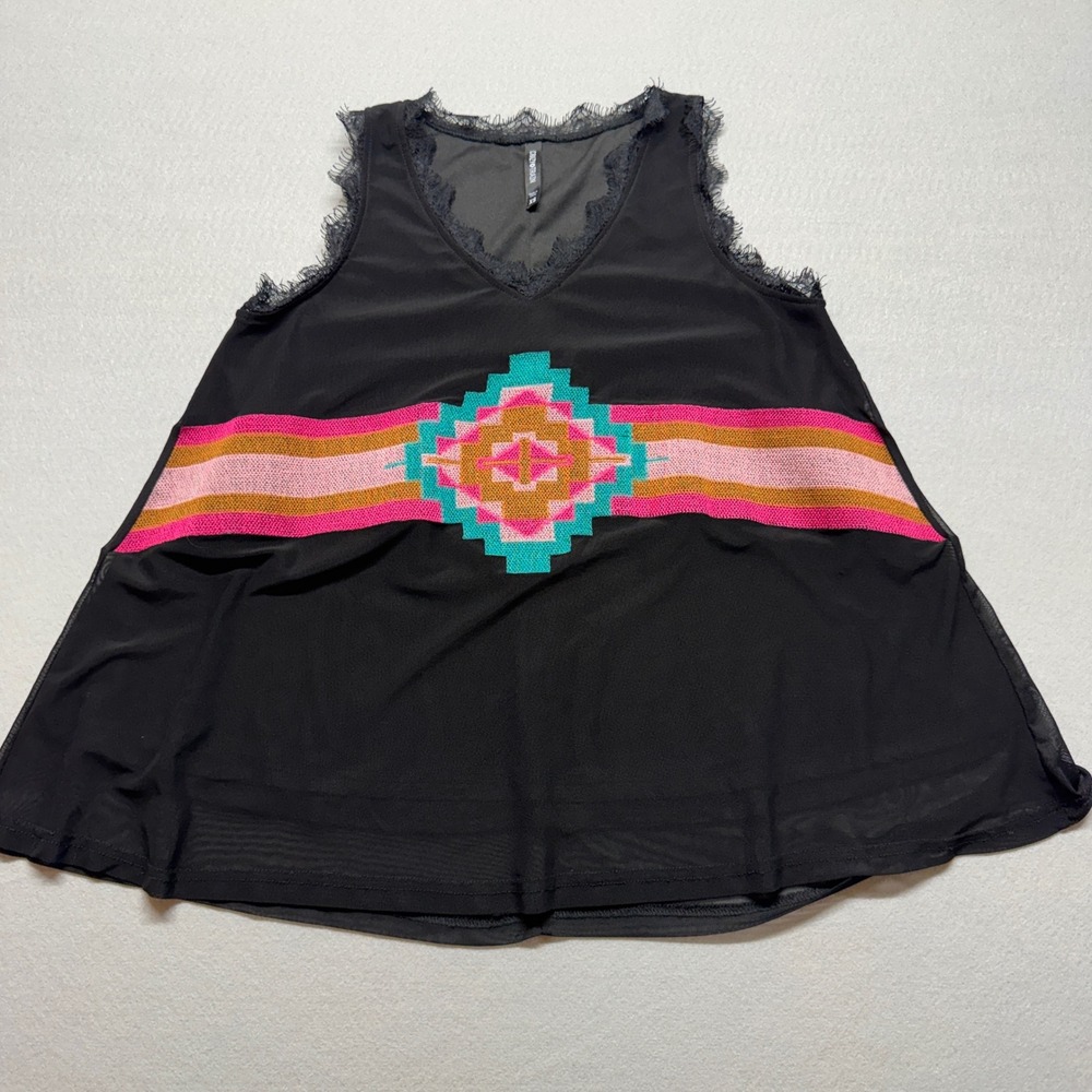 Crazy Train Black Lace Trim Aztec Southwestern Sleeveless Top XS